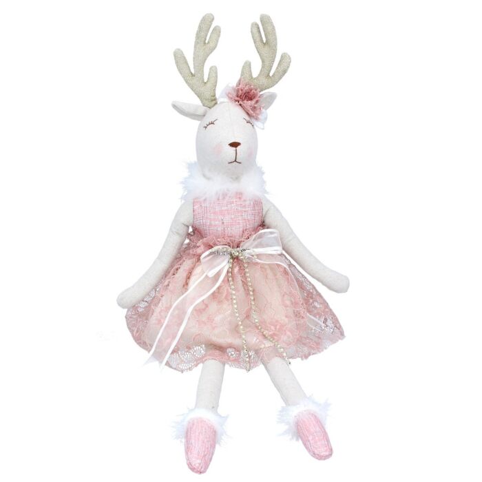 Gisela Graham White Reindeer in Pink Dress Plush Ornament